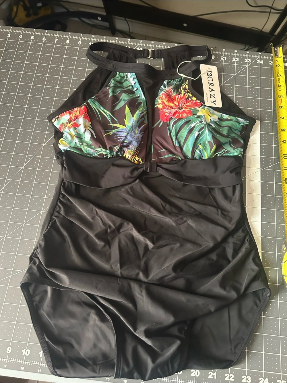 Tropical Floral Halter Black One-Piece Swimsuit